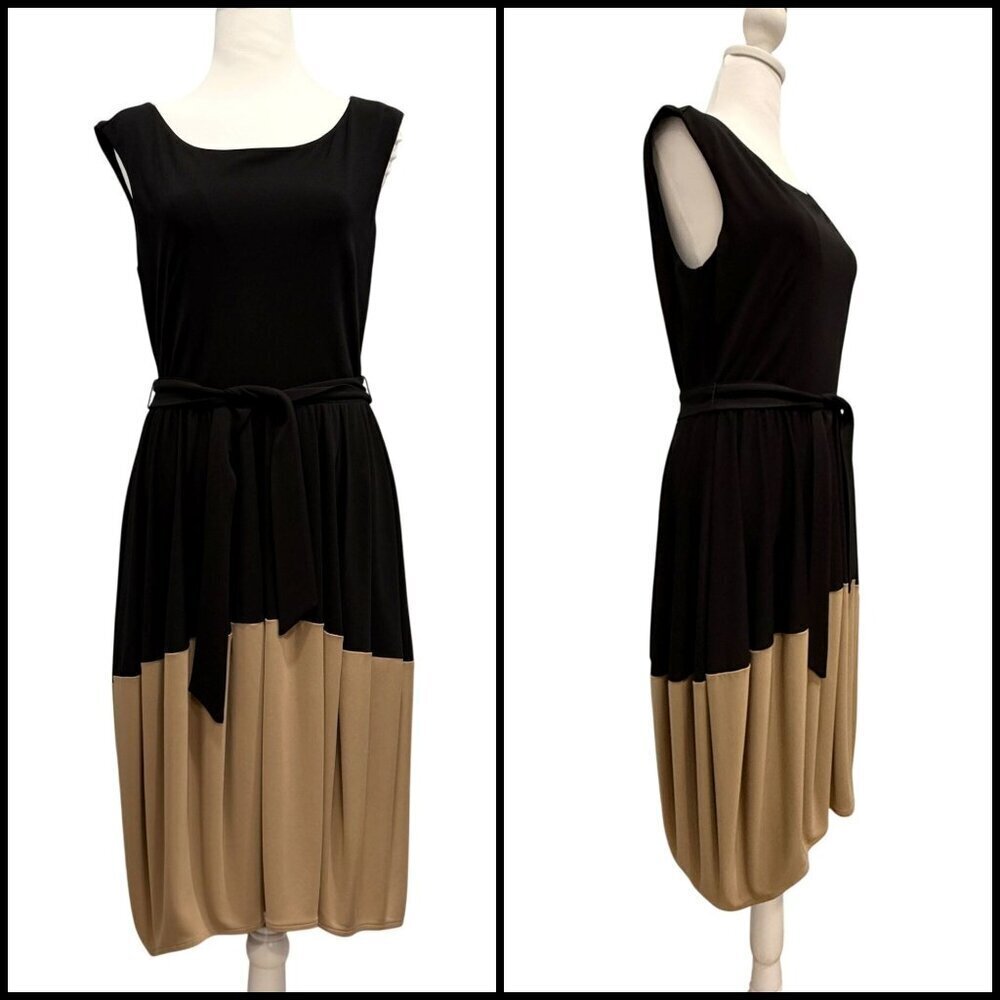 Ann Taylor Color‎ Block Jersey Knit Dress Tie Belt Tulip Bubble Hem Size 8 Black